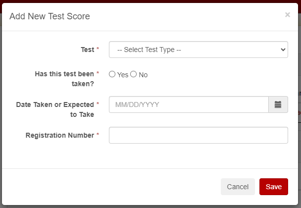 Add New Test Scores box