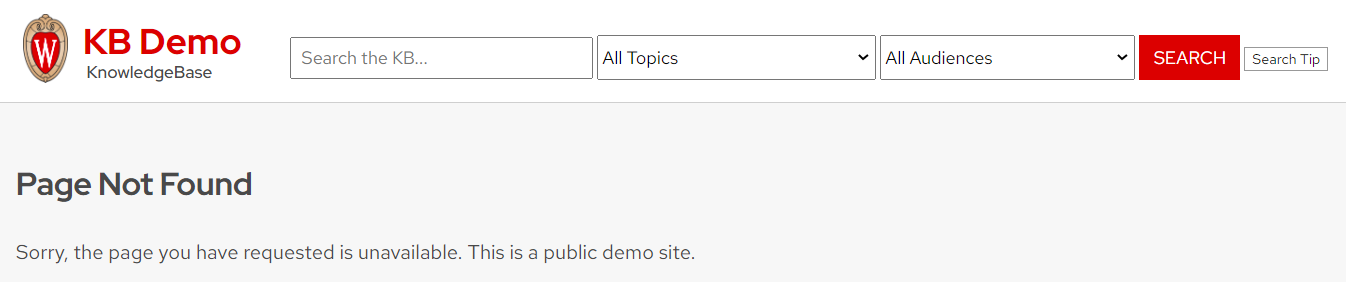 Page Not Found error shown on the KB Demo site.