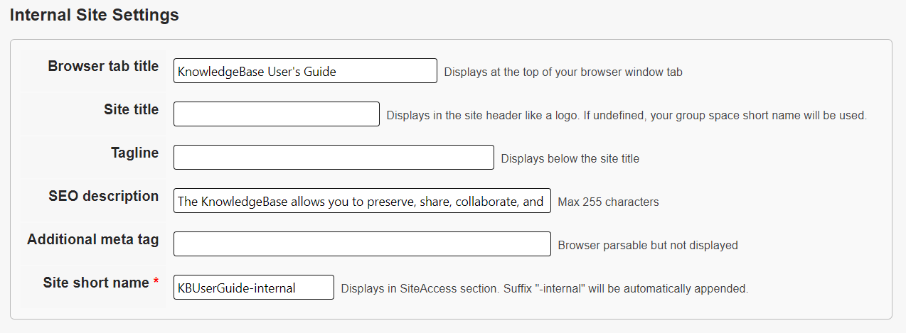 The Internal Site Settings section.