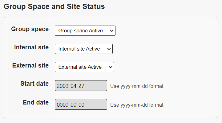 The Group Space and Site Status section.