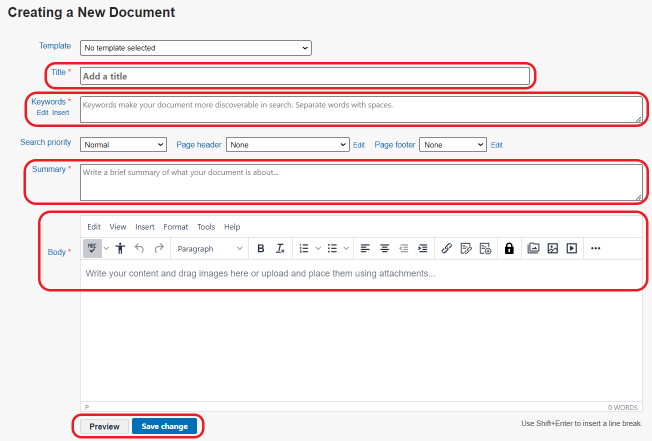 The Creating a New Document screen. All required fields are circled in red.