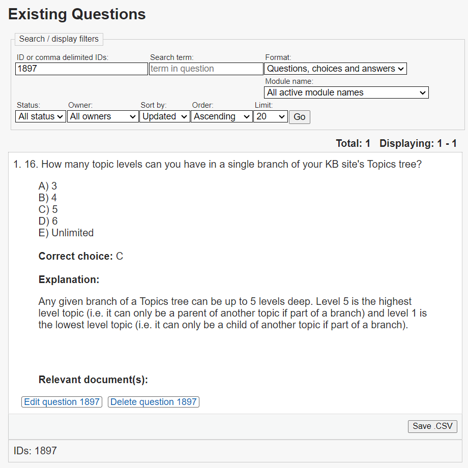 The Existing Questions page with Questions, choices and answers selected in the dropdown. 
