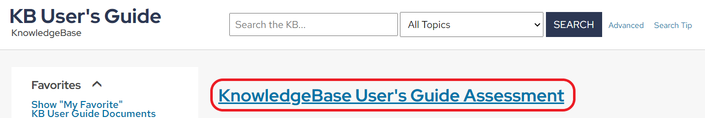 The top of the KnowledgeBase User's Guide Assessment page.