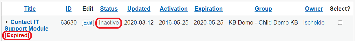 A document that is both expired and inactive. The Expired tag and Inactive status are circled in red.