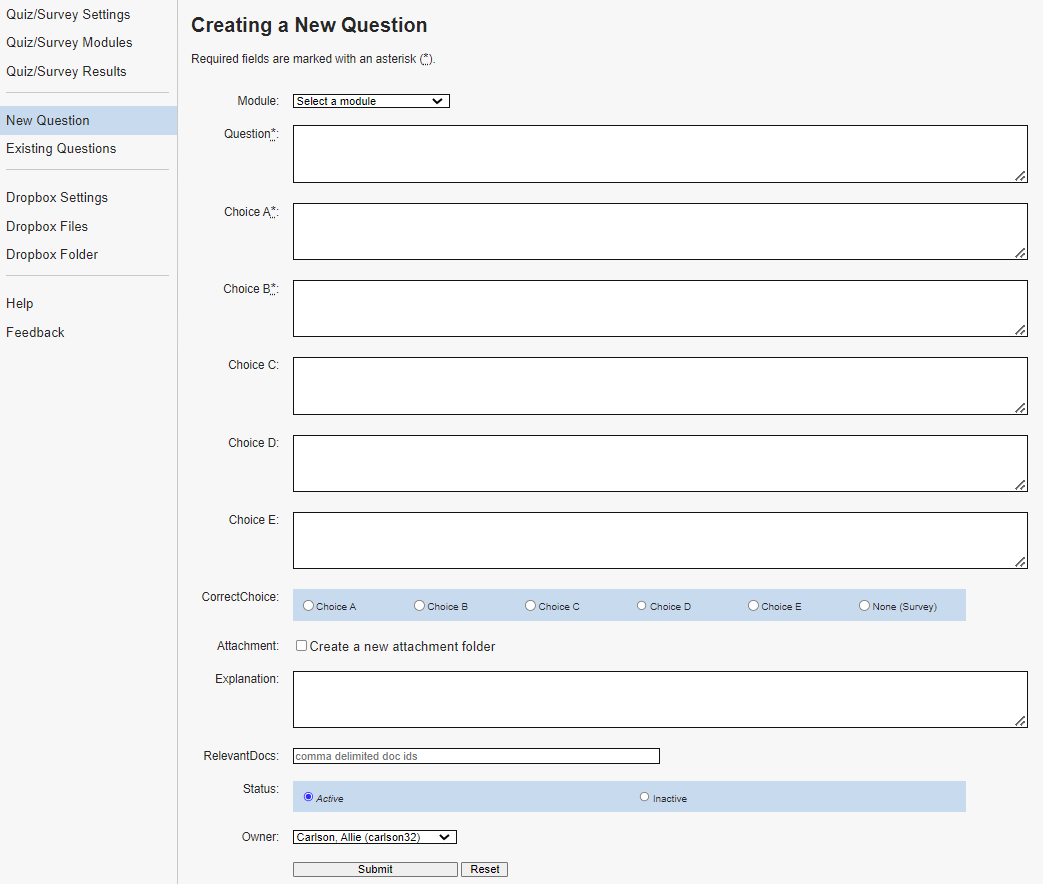 The Creating a New Question page in KB Admin Tools.