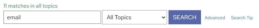 The search bar on a Live KB site with "email" typed in. Above the search bar it says there are "11 matches in all topics".