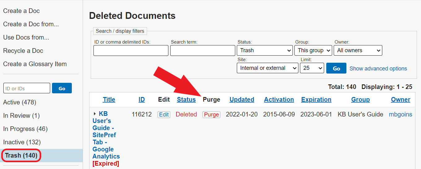 The Deleted Documents page. The Trash link in the left navigation bar is circled in red. A red arrow points at the Purge column of the document table.