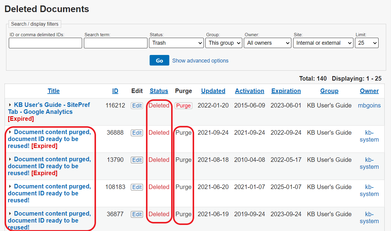 The Deleted Documents page. The renamed titles, Deleted status, and grayed out Purge fields are circled in red.