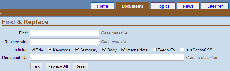 Screenshot showing the options on the Find & Replace screen