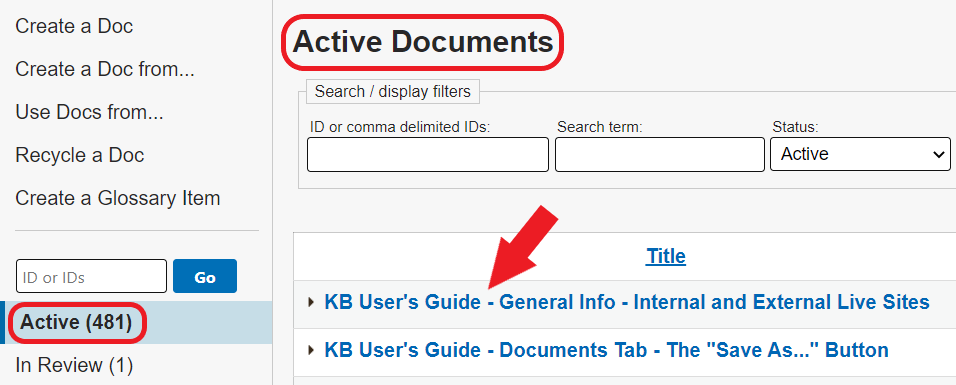 A red arrow points to the first document listed on the Active Screen. Active in the left side menu is circled. 