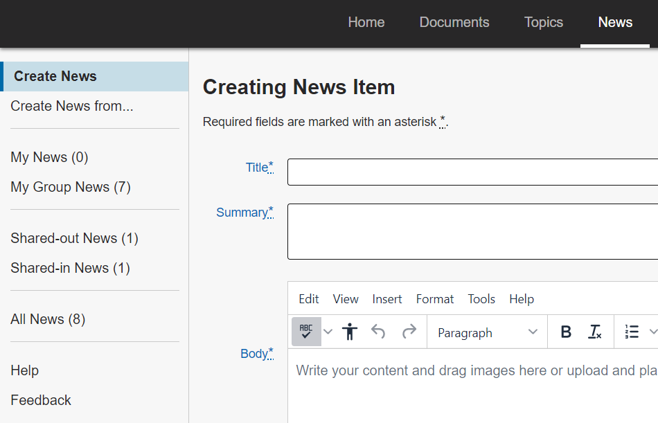 The Create News page of the News tab on KB Admin Tools.
