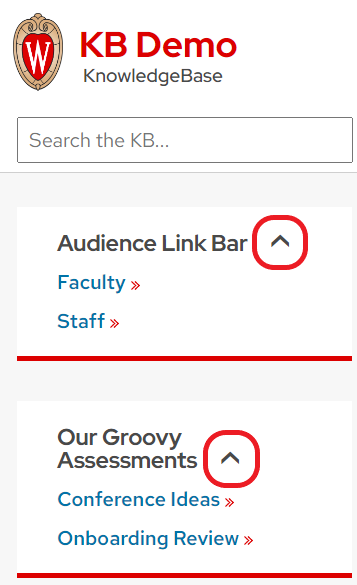 KB live site with left menu accordion panels expanded. The expand arrow is circled in red.