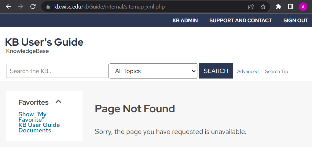 The Page Not Found error given when trying to find the sitemap on an internal site.