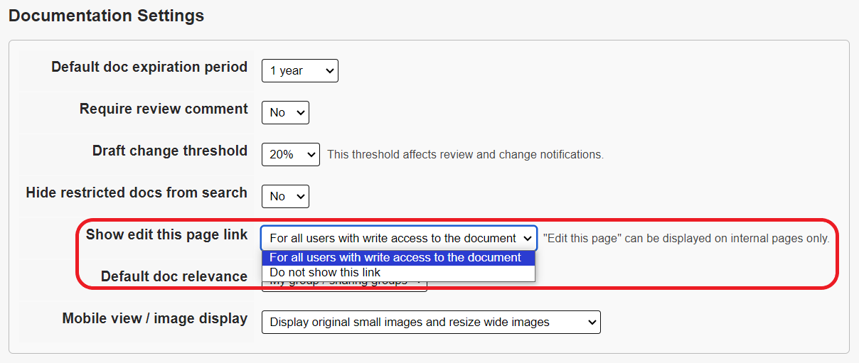 The Documentation Settings section of the Group Spaces settings page. The Show edit this page link setting is circled in red.