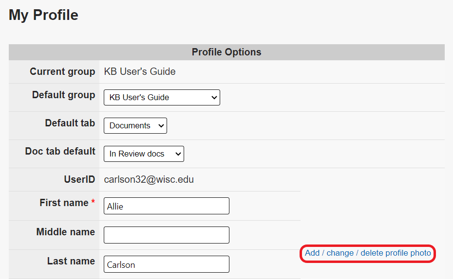 The "add/change/delete profile photo" link follows the "User ID" field on the My Profile page.