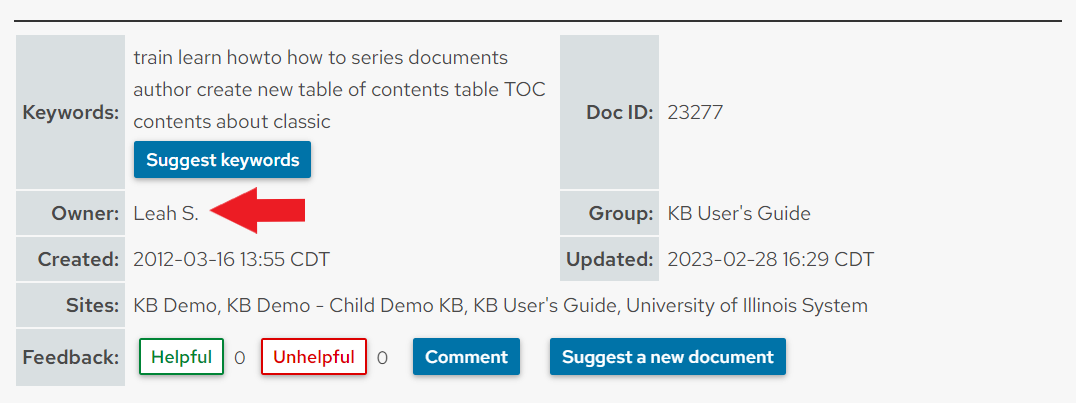 The "Owner" field is in the first column and second row of the doc info table, but on the live site, displays the owner's first name and last initial.