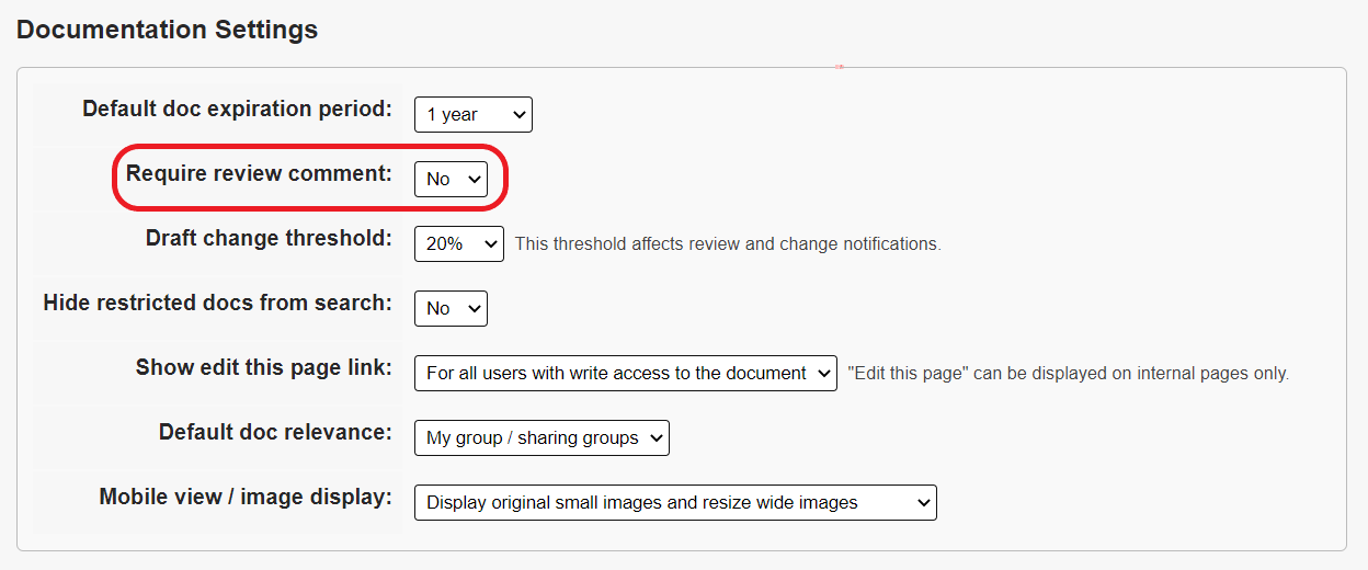 The require doc review comment field uses a dropdown menu to change the setting from no to yes