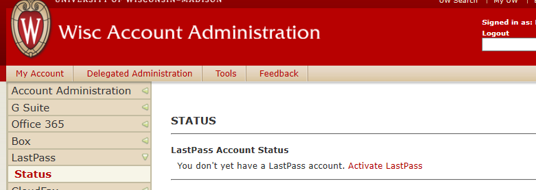 Activate LastPass Link on the Wisc Account Admin Page