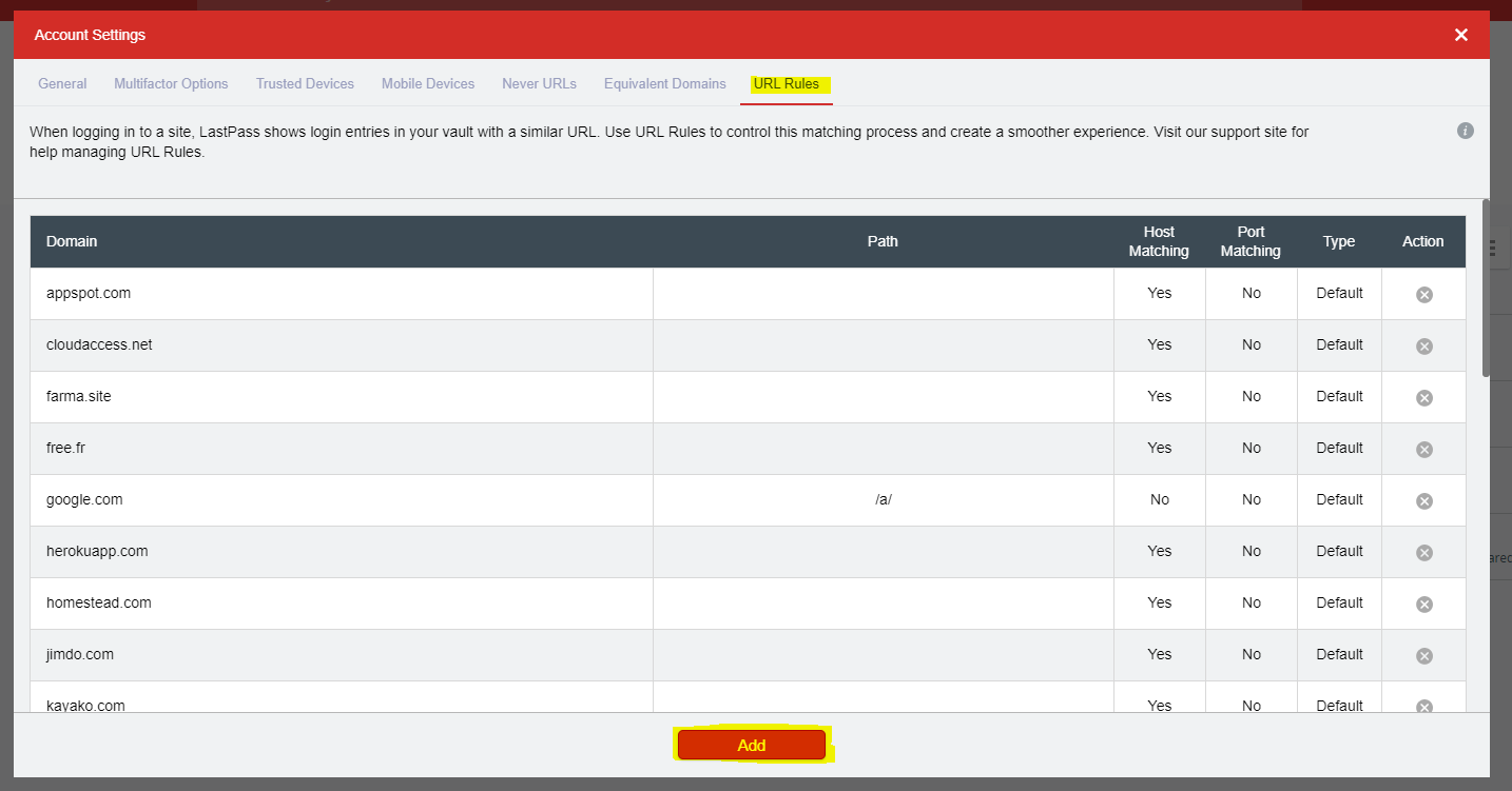 Add URL Rule in LastPass