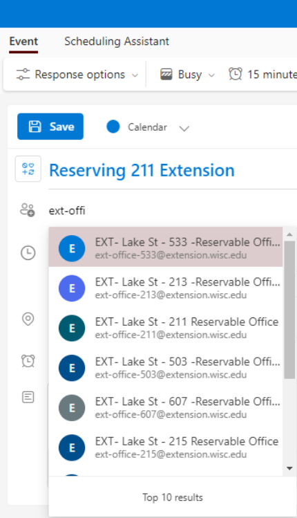 Example of adding a reservable office as an attendee using the web client