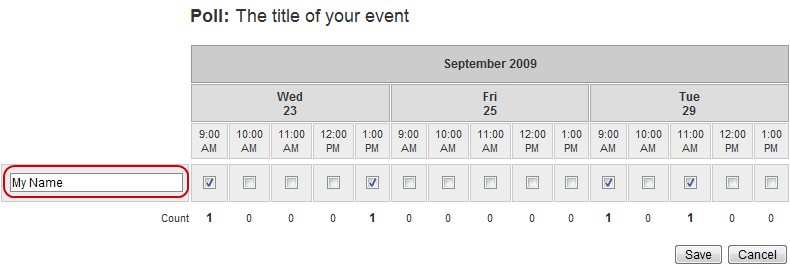 The participant poll is shown with a place for the participant to enter their name and select their availability