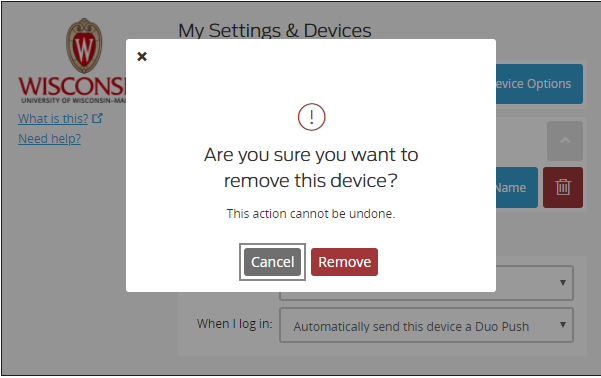Pop up window asking to confirm or cancel the removal of the Duo device