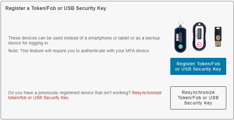 MFA Portal token/fob section with two options: register or resynchronize a device