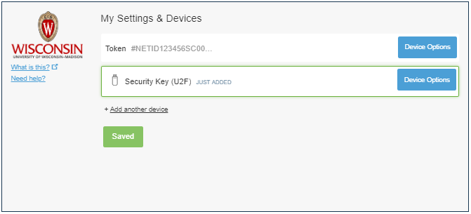 list of devices with token and security key listed as registered devices