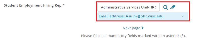 In the Student Employment User Field, put asu.hr@ohr.wisc.edu