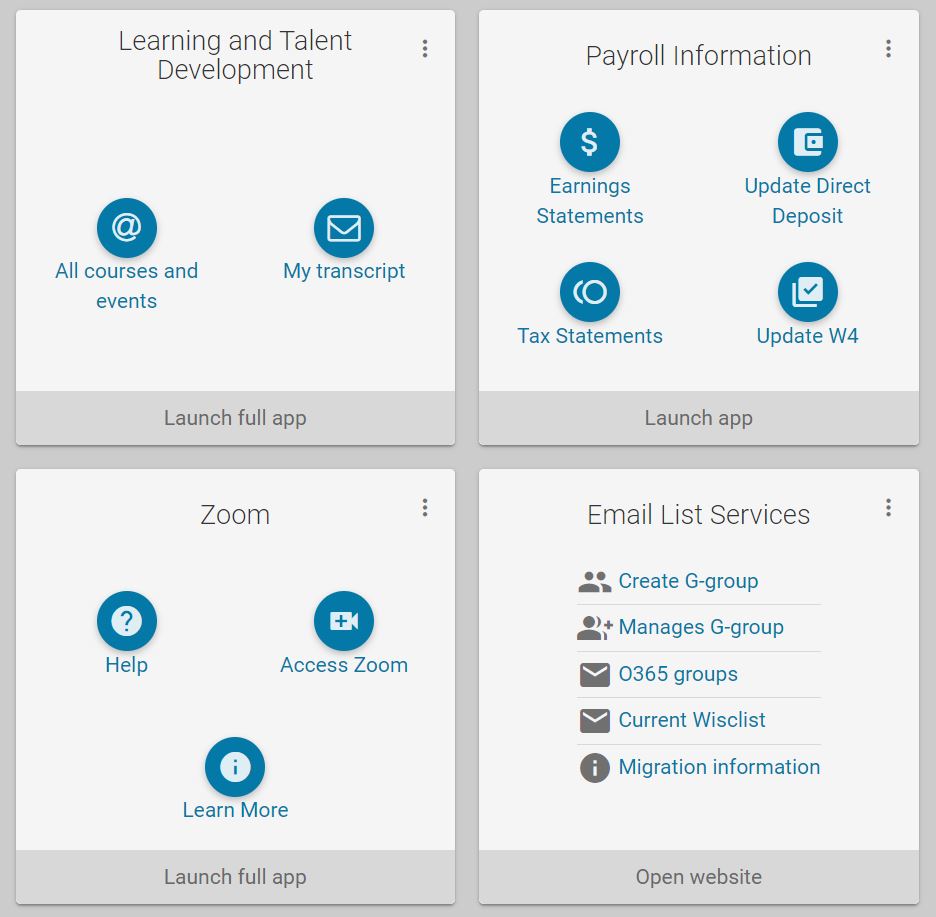 Expanded Tile image of Learning and Talent Development, Payroll, Zoom and Email List services with multiple icons and links on each tile