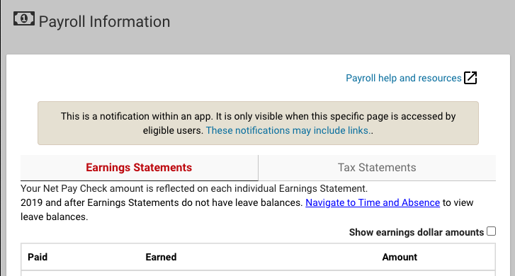 Notification within Payroll Information app displayed above where users engage with app content