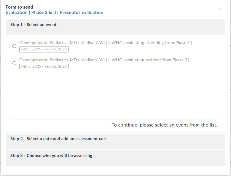 Step One of Self-Send Process. Select the rank of the faculty of the course in which you are evaluting the preceptor