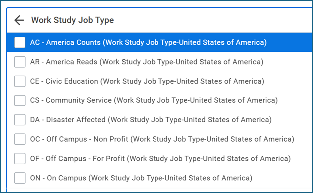 Screenshot of the Work Study Job Type dropdown menu
