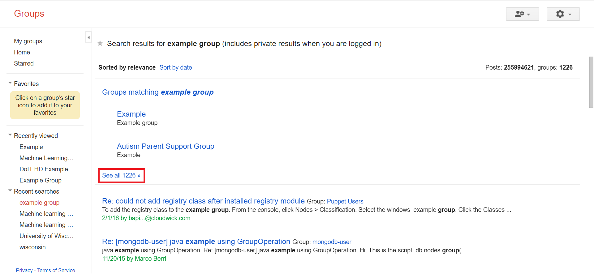 Use the see all option to view all matching groups